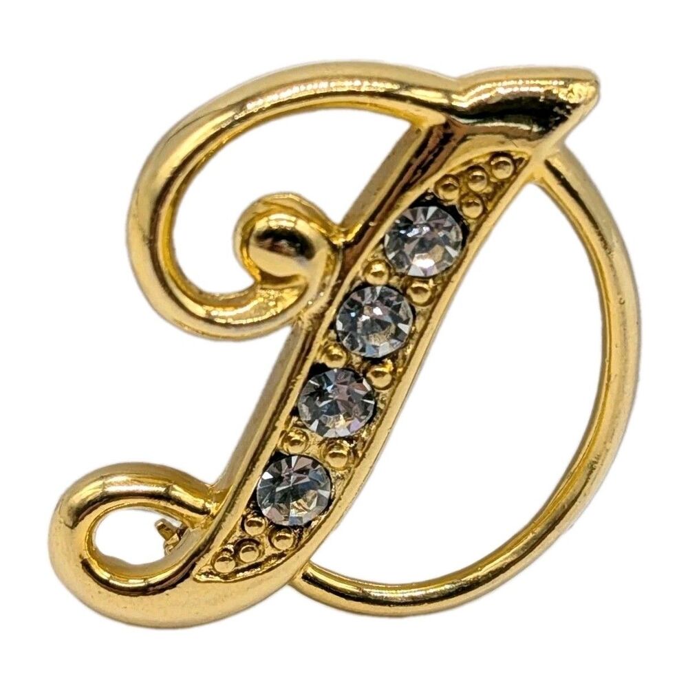 Letter D Monogram Brooch Pin Gold Tone Rhinestone Cursive